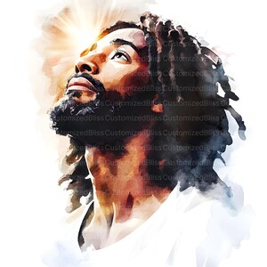 May include: Watercolor portrait of a Black man looking upwards, with a halo of light above his head. He has dark skin, a full beard, and long, dark dreadlocks. The image has a soft, artistic style.