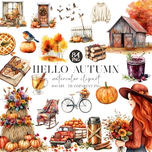 Bonjour l'automne, lot de cliparts aquarelle automne, clipart automne douillet, automne Cottagecore, clipart citrouille, citrouilles florales, ambiance d'automne rustique