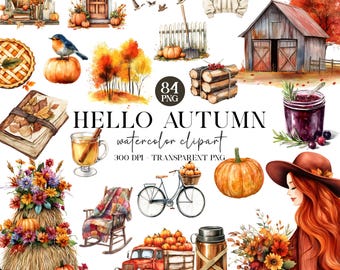 May include: A collection of watercolor autumn-themed clipart featuring pumpkins, a barn, a bicycle, a rocking chair, a red truck, a person with long red hair, a sweater, a bird, a jar of jam, a mug, a stack of books, and the text HELLO AUTUMN.