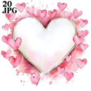 20 clipart de moldura de coração de amor, clipart de borda romântica, JPGs de alta qualidade, clipart de aquarela, diário de lixo, download digital, artesanato em papel