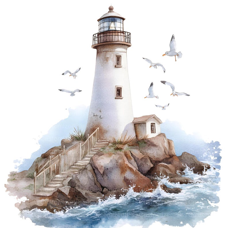 May include: A watercolor painting of a white lighthouse with a brown roof and a wooden staircase leading up to it. The lighthouse is on a rocky island with waves crashing against the rocks. There are several seagulls flying around the lighthouse.
