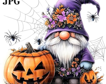May include: A whimsical Halloween-themed illustration featuring a gnome with a purple hat adorned with flowers, a long white beard, and a pumpkin. Spiders and spiderwebs surround the gnome and pumpkins, creating a festive and spooky atmosphere.