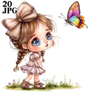 20 Clipart fille lunatique mignon et papillon, JPG de haute qualité, clipart aquarelle, Junk Journal, téléchargement numérique, créations en papier, imprimable