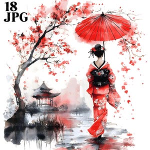 18 bellissimi pacchetti di clipart di geisha, paesaggi giapponesi, clipart di giardini giapponesi, clipart giapponesi, paesaggi ad acquerello, download digitale, JPG