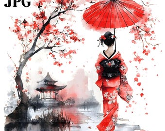 18 Beautiful Geisha Clipart Bundle, Japanese Scenery, Japanese Garden Clipart, Japanese Clipart, Watercolor Landscape, Digital Download, JPG