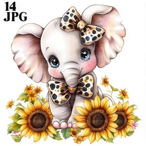 14 Clipart di elefanti, Clipart di fiocchi di leopardo, Stampa di animali, Clipart di girasoli, JPG di alta qualità, Diario spazzatura, Download digitale, Artigianato di carta