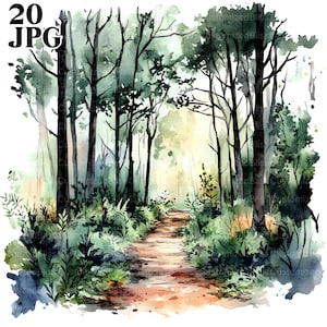Op de afbeelding: Waterverfschilderij van een bospad. Hoge bomen met groene bladeren omzomen een onverhard pad dat in de verte leidt. Het kunstwerk heeft een zachte, dromerige kwaliteit met een lichtbron op de achtergrond. De tekst "20 JPG" staat linksboven.