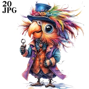 20 Quirky Parrot com Top Hat Clipart, Parrot Clipart, Whimsical Bird, Bird Clipart, JPG de alta qualidade, Junk Journal, Download digital, Craft