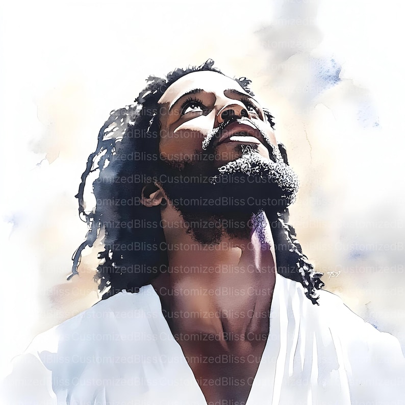 May include: Watercolor portrait of a man with long, dark dreadlocks and a full beard, looking upwards. He is wearing a white garment. The background features soft, blended colors of white, beige, and blue.