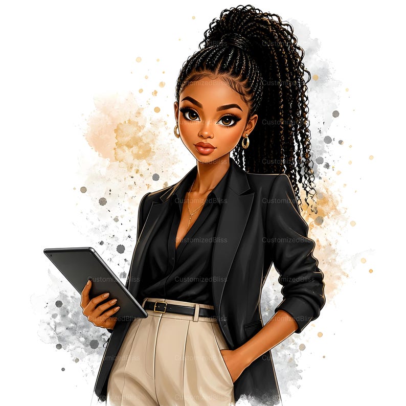 May include: Illustration of a woman with dark skin, wearing a black blazer, black shirt, and tan pants. She holds a tablet and has her hair styled in a high ponytail. Gold earrings and a necklace complete the look. The background has watercolor-style splashes.