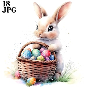 18 niedliche Osterhase Clipart, Kaninchen Clipart, Ostereier Clipart, Ostern Clipart, hochwertige JPGs, Junk Journal, digitaler Download, Basteln