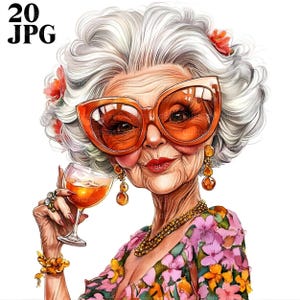 20 divertenti Clipart di donne anziane che bevono cocktail, Clipart di nonne felici, JPG di alta qualità, Clipart di acquerelli, diario spazzatura, download digitale