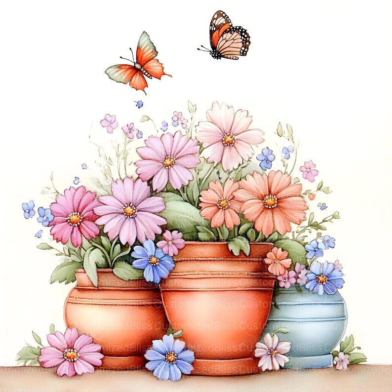 Puede incluir: Ilustraci&oacute;n en acuarela de flores coloridas en macetas de terracota, con dos mariposas revoloteando arriba. Las flores son rosas, moradas y naranjas, con hojas verdes y detalles azules. Las macetas son de varios tama&ntilde;os y formas.