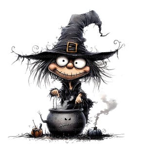 May include: A cartoon witch with a black hat and long black hair stirs a cauldron with a black handle. The cauldron is steaming and has a stitched-up face. There are two pumpkins on the ground.