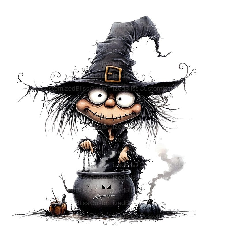 May include: A cartoon witch with a black hat and long black hair stirs a cauldron with a black handle. The cauldron is steaming and has a stitched-up face. There are two pumpkins on the ground.