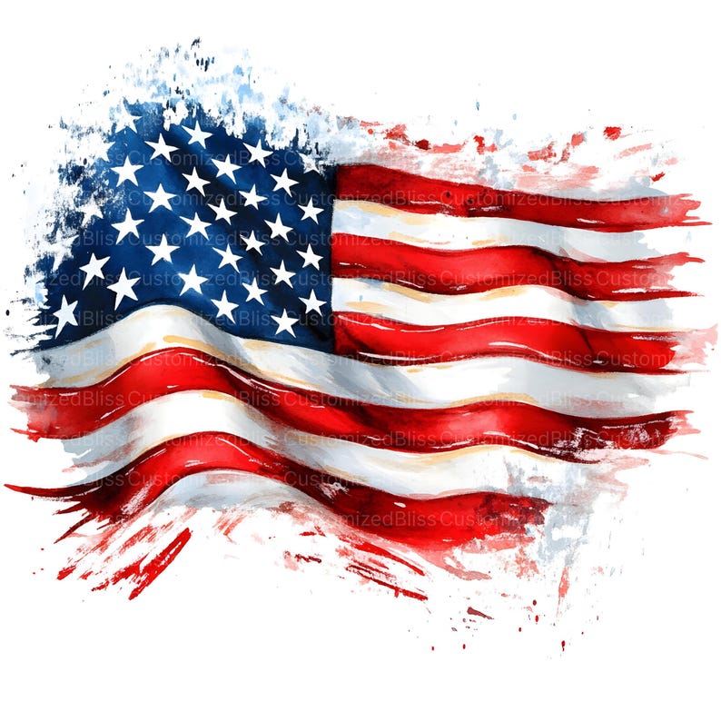 Op de afbeelding: Een aquarel van een Amerikaanse vlag met een verweerd penseelstreek-effect. De vlag wappert in de wind en de kleuren zijn levendig en patriottisch.
