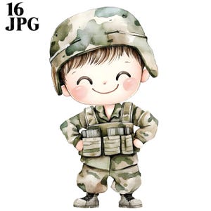 16 schattige soldaat jongen clipart, militair kind clipart, kleine leger kinderen, aquarel clipart, ongewenste dagboek, digitale download, Paper Craft JPG