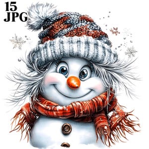 Funny Snowman Clipart, Winter Hat, Winter Clipart, 15 High Quality JPGs Watercolor Clipart, Junk Journal, Digital Download, Paper Craft