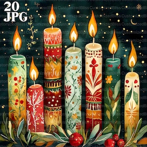 Skandinavische Weihnachtskerzen Clipart Bundle, 20 hochwertige Aquarell JPGs, Winter Feiertage, Scrapbooking, Journaling, digitaler Download