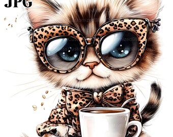 15 imágenes prediseñadas de gatito, imágenes prediseñadas de lazo de leopardo, imágenes prediseñadas de café, imágenes prediseñadas de gato, estampado animal, archivos JPG de alta calidad, diario basura, descarga digital, manualidades