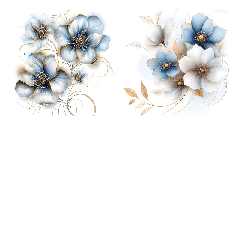 Puede incluir: Dos arreglos florales de acuarela con flores azules y blancas y detalles dorados. Las flores est&aacute;n dispuestas en forma de ramo con tallos y hojas delicados.