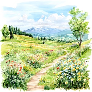 Op de afbeelding: Een aquarel schilderij van een kronkelend pad door een veld vol wilde bloemen dat naar een bergketen in de verte leidt. De lucht is blauw met witte wolken en de bergen zijn zacht blauw en paars.