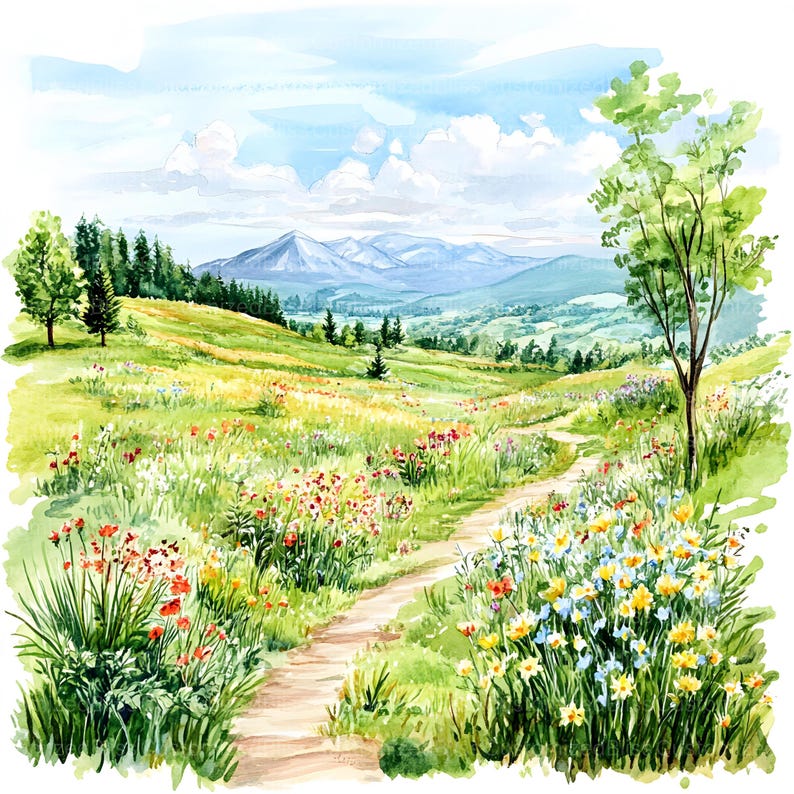Op de afbeelding: Een aquarel schilderij van een kronkelend pad door een veld vol wilde bloemen dat naar een bergketen in de verte leidt. De lucht is blauw met witte wolken en de bergen zijn zacht blauw en paars.