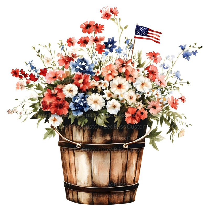 Fourth of July Flower Bucket Clipart, 18 High Quality Watercolor JPG ...