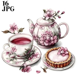 16 Clipart dell'ora del tè, Tea party vintage, Clipart di teiera, Clipart di tazza da tè, Clipart di acquerello, Diario di spazzatura, Download digitale, JPG di carta artigianale