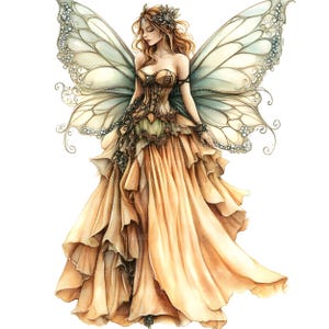May include: A fairy with large, translucent wings with intricate details, wearing a flowing, peach-colored gown with a corset and floral accents.