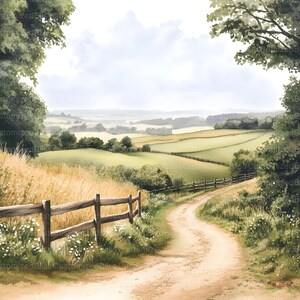 May include: A watercolor painting of a winding dirt road leading through a lush green valley. The road is bordered by a wooden fence and the valley is dotted with trees and rolling hills.
