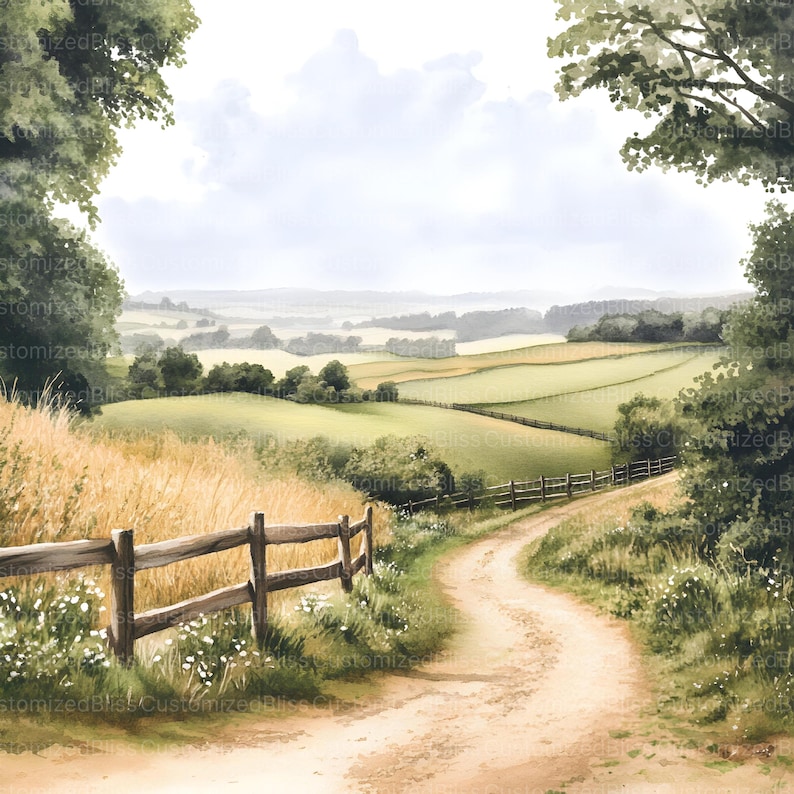 May include: A watercolor painting of a winding dirt road leading through a lush green valley. The road is bordered by a wooden fence and the valley is dotted with trees and rolling hills.