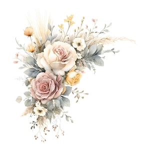 May include: A floral arrangement featuring large dusty pink and cream roses, smaller yellow buds, and wispy dried grasses. The composition includes muted blue-green foliage and delicate white wildflowers, all organized in a clustered, asymmetrical bouquet.