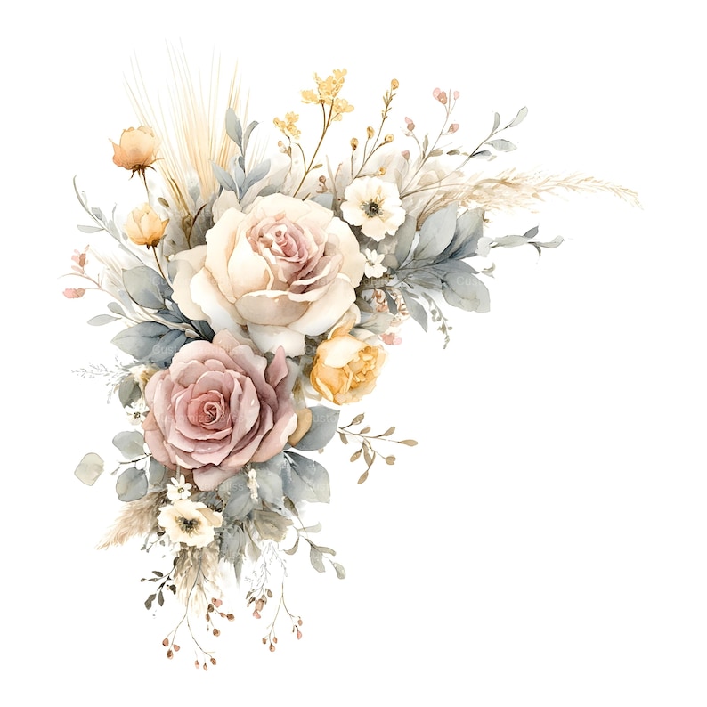 May include: A floral arrangement featuring large dusty pink and cream roses, smaller yellow buds, and wispy dried grasses. The composition includes muted blue-green foliage and delicate white wildflowers, all organized in a clustered, asymmetrical bouquet.