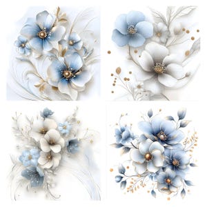 Puede incluir: Cuatro arreglos florales diferentes con flores azules y blancas con detalles dorados. Las flores est&aacute;n dispuestas en forma de ramo y se colocan sobre un fondo blanco.