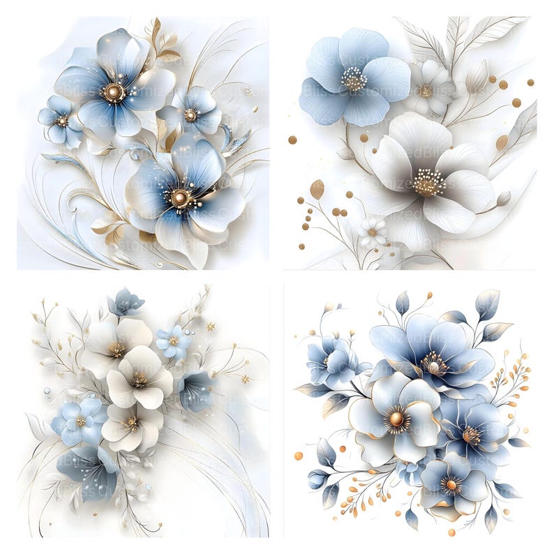 Puede incluir: Cuatro arreglos florales diferentes con flores azules y blancas con detalles dorados. Las flores est&aacute;n dispuestas en forma de ramo y se colocan sobre un fondo blanco.