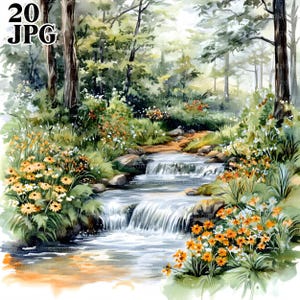 20 Forest Clipart, Forest River Clipart, Summer Forest, High Quality JPGs, Watercolor Clipart, Junk Journal, Digital Download, Paper Craft