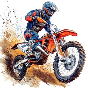 May include: Watercolor illustration of a motocross rider on an orange and blue dirt bike, kicking up dirt. The rider wears a blue and orange racing suit and helmet. The bike has large, knobby tires.