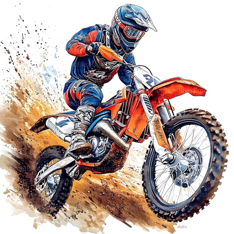 May include: Watercolor illustration of a motocross rider on an orange and blue dirt bike, kicking up dirt. The rider wears a blue and orange racing suit and helmet. The bike has large, knobby tires.