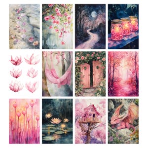 May include: A collection of 10 watercolor paintings featuring whimsical scenes with pink flowers, trees, and magical elements. The paintings include a pink hammock hanging in a forest, a pink treehouse, a path through a forest, and a dragon.