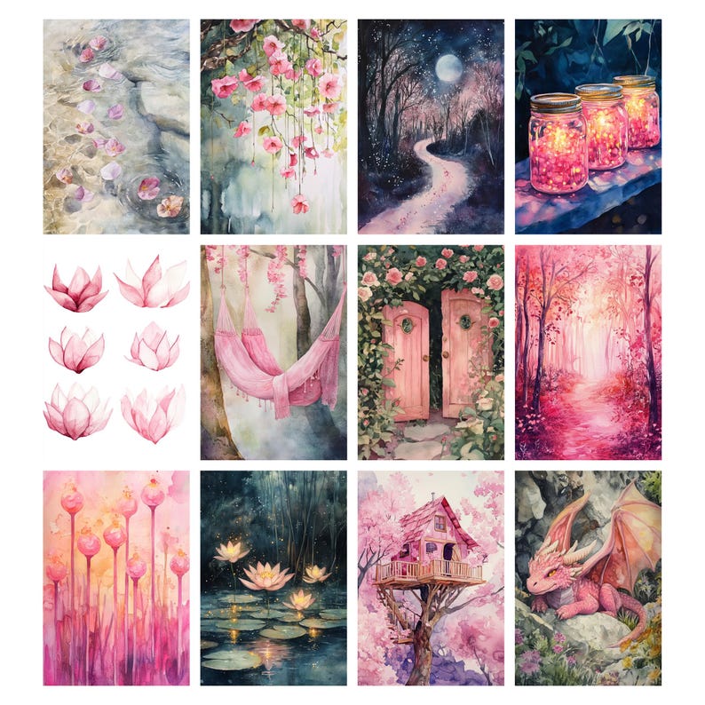 May include: A collection of 10 watercolor paintings featuring whimsical scenes with pink flowers, trees, and magical elements. The paintings include a pink hammock hanging in a forest, a pink treehouse, a path through a forest, and a dragon.