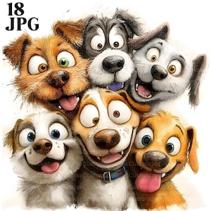 18 Photo of Dogs Clipart, Cartoon Funny Frazzled Puppy, High Quality JPGs, Watercolor Clipart, Junk Journal, Digital Download, Paper Craft