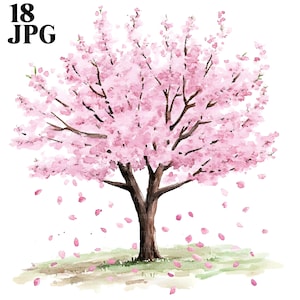 18 imágenes prediseñadas de cerezos en flor, flor de Sakura, JPG de alta calidad, imágenes prediseñadas de acuarela, diario basura, descarga digital, manualidades de papel, imprimibles