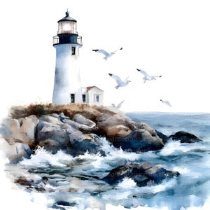 May include: A watercolor painting of a white lighthouse on a rocky cliff with crashing waves and seagulls flying overhead.