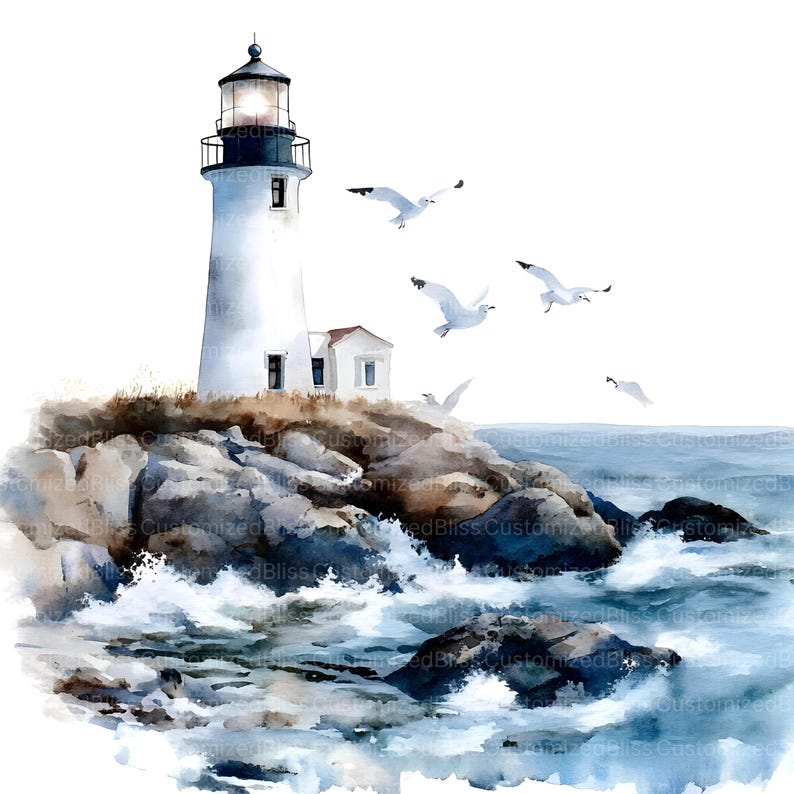 May include: A watercolor painting of a white lighthouse on a rocky cliff with crashing waves and seagulls flying overhead.