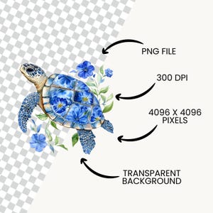 May include: A watercolor painting of a blue sea turtle with blue flowers. The turtle is swimming in the water and the flowers are blooming around it.