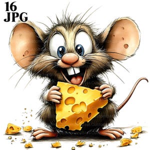 Cute Mouse Eating Cheese, Cartoon Mouse, Rat Clipart, 16 High Quality JPGs, Watercolor Clipart, Junk Journal, Digital Download, Paper Craft