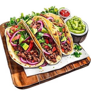 May include: Three soft tacos filled with ground beef, red onion, avocado, and tomato, served on a wooden board with a side of guacamole and salsa.