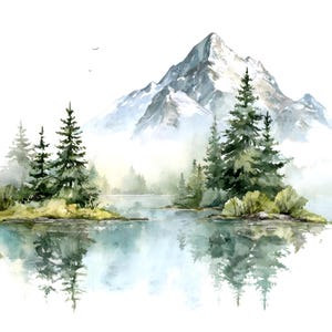 May include: Watercolor painting of a mountain landscape with a lake. The image features a snow-capped mountain, evergreen trees, and a calm lake reflecting the scenery. The artwork has a soft, misty atmosphere with muted colors.