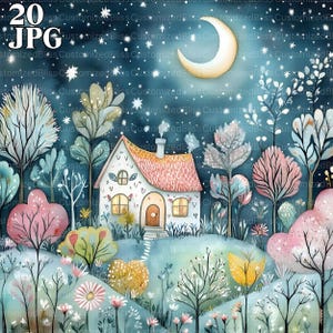 Lot de 20 images clipart jardin au clair de lune lunatique, 20 fichiers JPG aquarelle haute résolution, journal indésirable, scrapbooking, fabrication de cartes, téléchargement numérique, documents éphémères